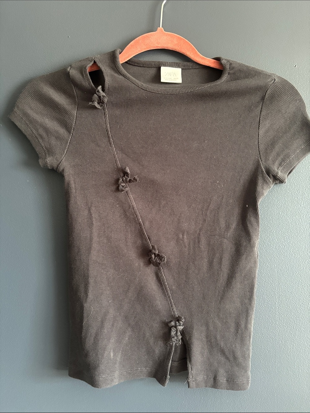 Zara Black Ribbed Short Sleeve Top with Diagonal Knot Detail